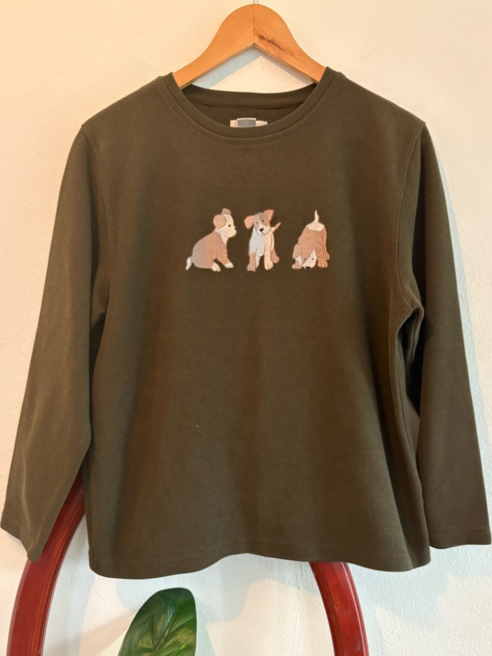Vintage Christopher & Banks Olive Green Crewneck Dog Embroidered Long Sleeve
